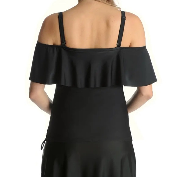 Mermaid Maternity Black Ruffle Cold Shoulder Drawstring Hem Tankini Swimsuit Top - Picture 6 of 11
